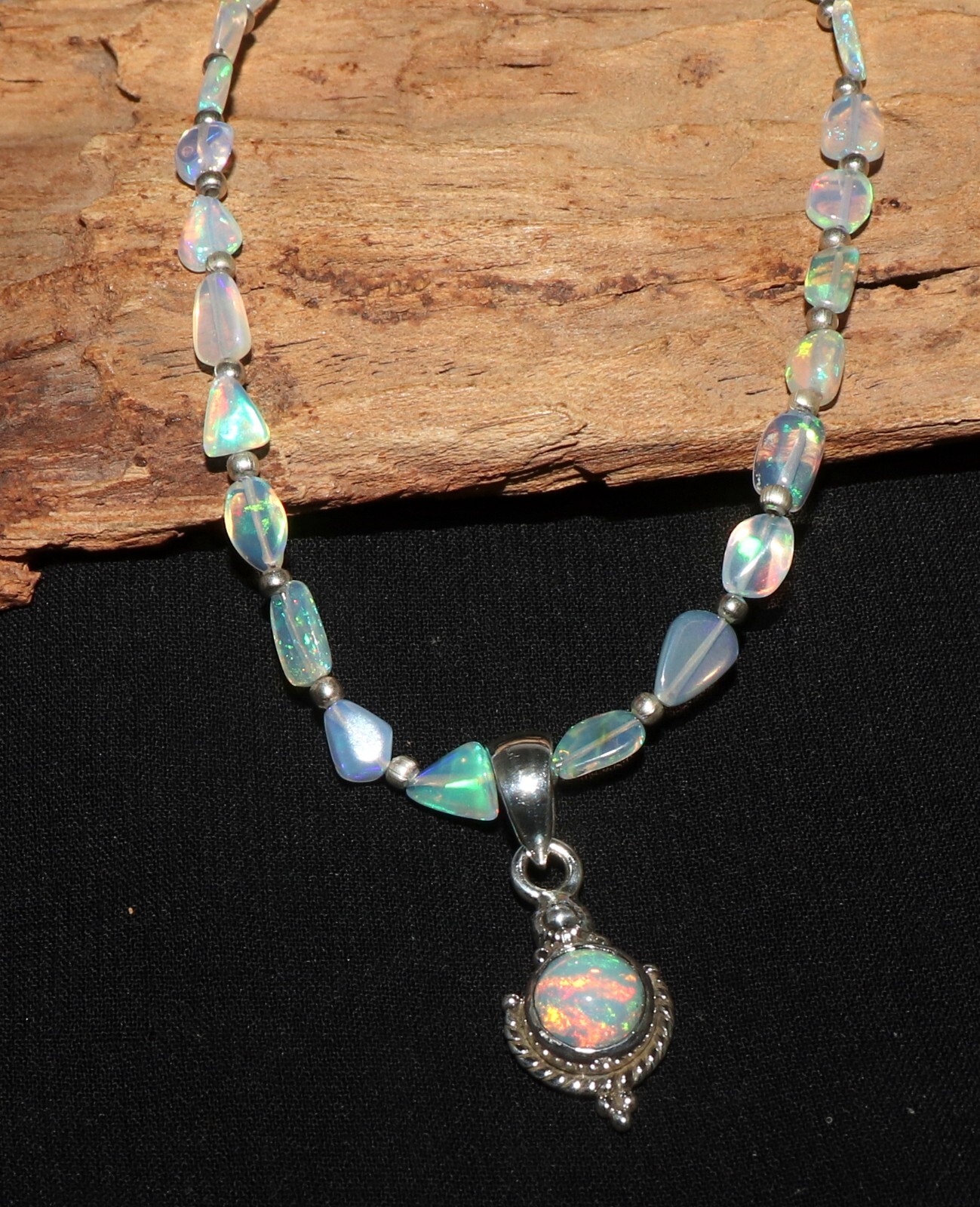 Ethiopian opal beaded necklace with sterling silver opal pendant opal tumble