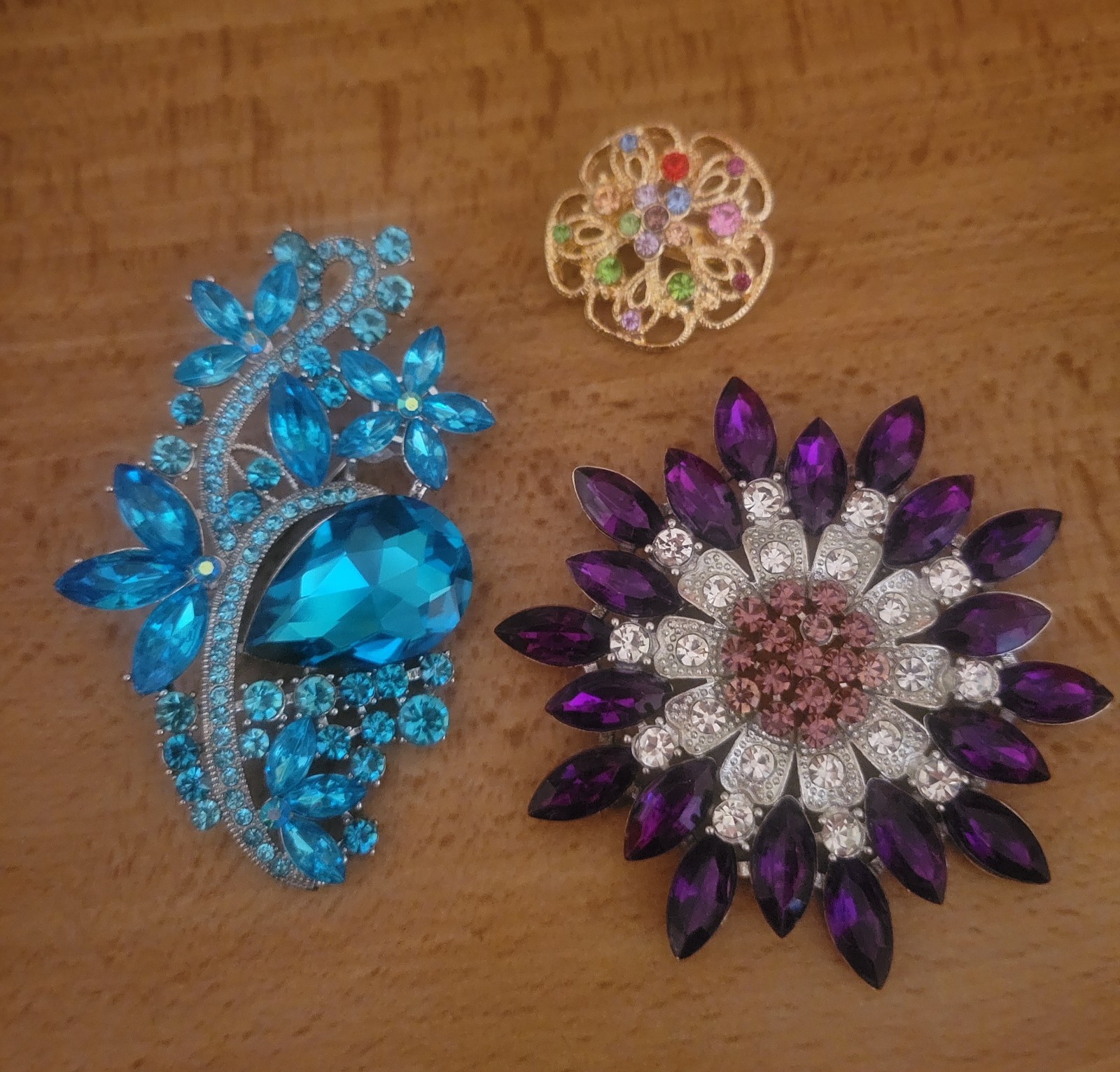 Big Aqua Blue Purple Rhinestone Multicolor Flower Brooch Pin Lot CA USA E508