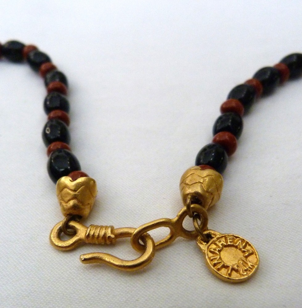 24K GOLD PLATED LINARENA MADE IN COLUMBIA ONYX RED JASPER BEADS NECKLACE