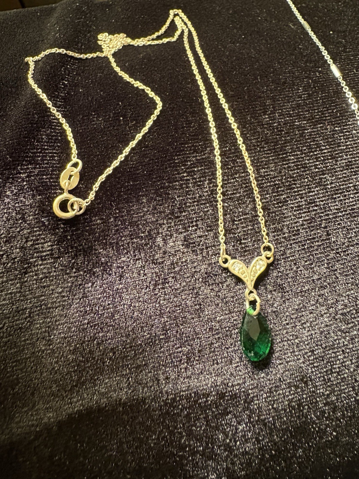 Sterling Silver Necklace Features A Pear Shaped Green Briolette Pendent 20 Inch