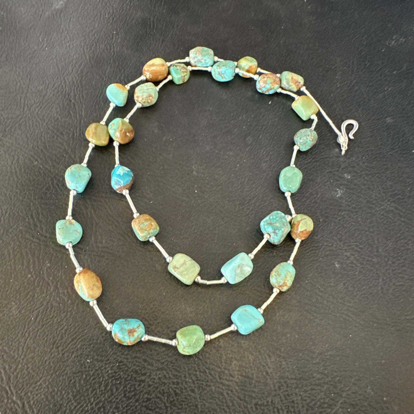 Green Turquoise Liquid Heishi Sterling Silver Nugget 20″ Necklace 19046