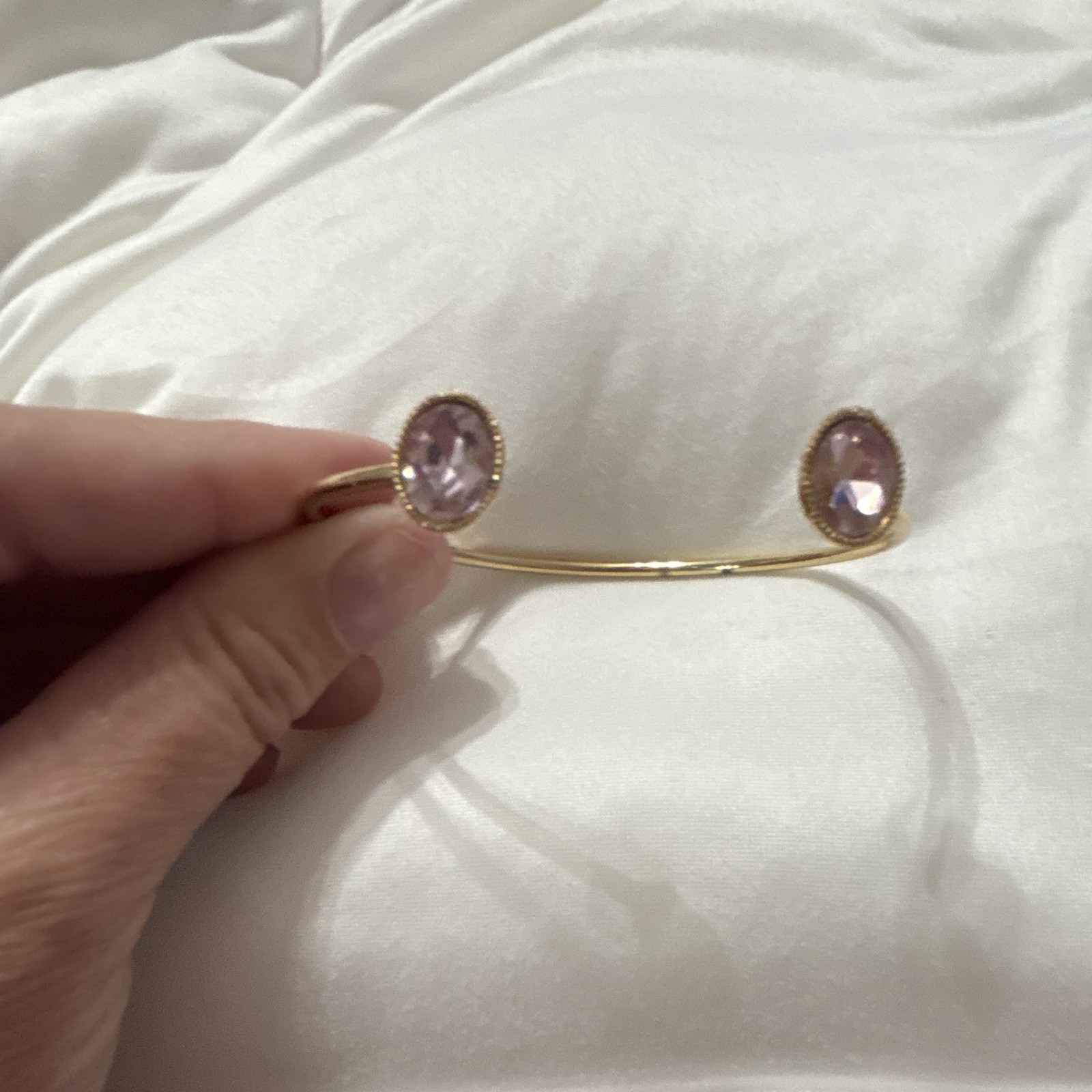 Gold Tone Metal Open Cuff Bracelet Pink Oval Crystal Ends, Bezel Set (2)