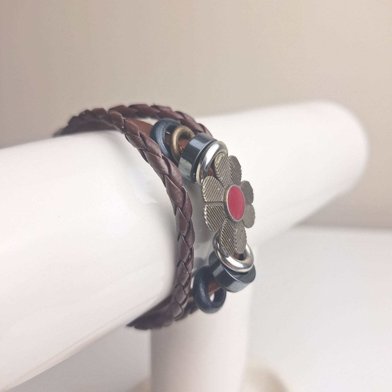 70s Style Leather Bracelet Metal Enamel Flower Beaded 3 Strands Braided