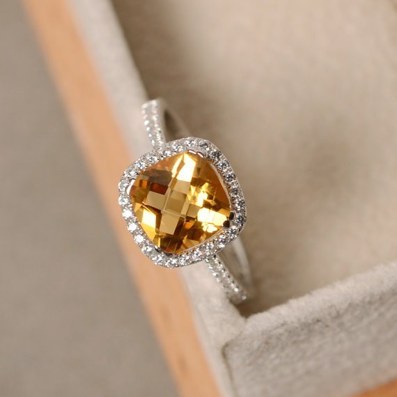 2.70 Ct Cushion Cut Natural Citrine & Diamond Wedding Ring 14K White Gold Size 7
