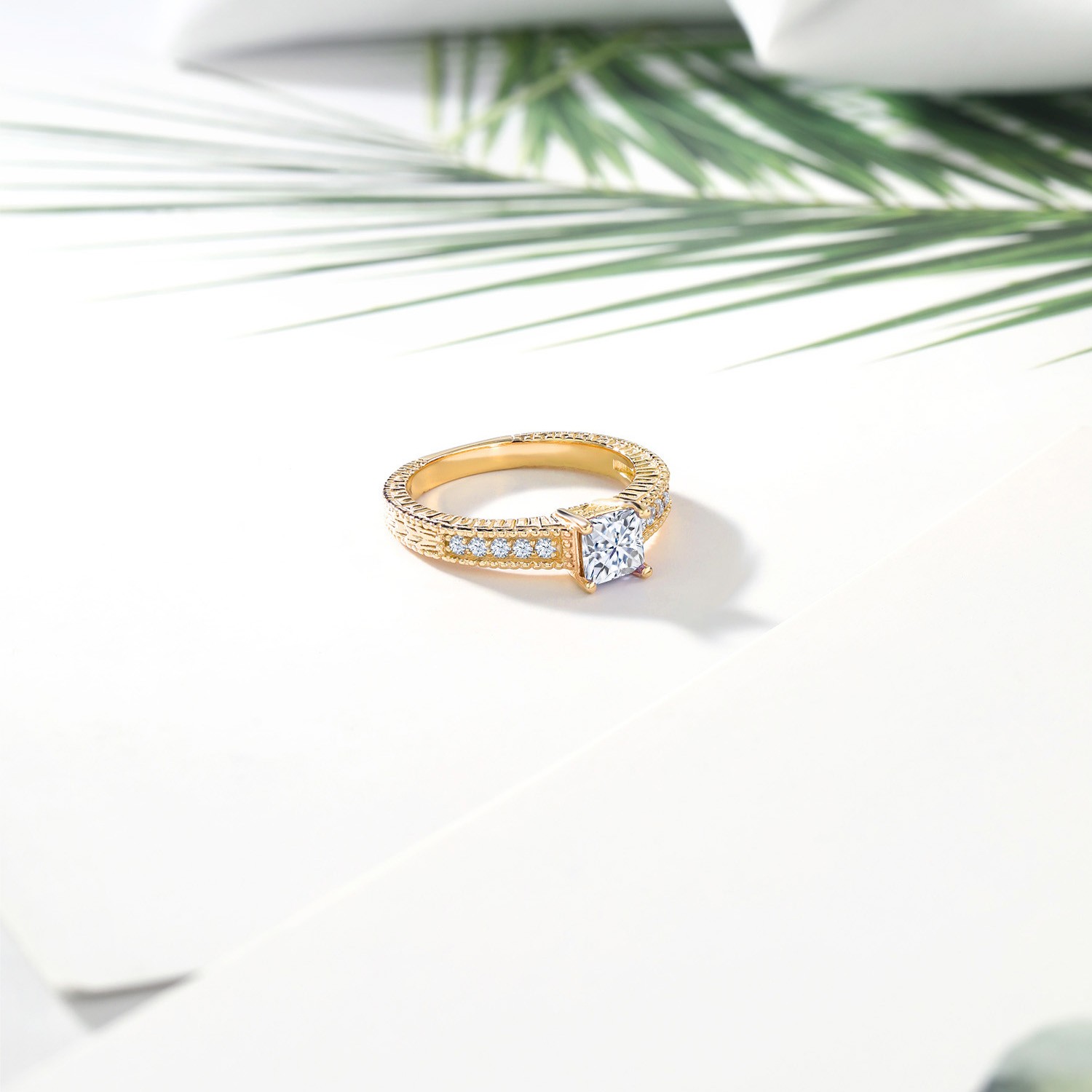 18K Yellow Gold Plated Silver White Moissanite and White Created Sapphire