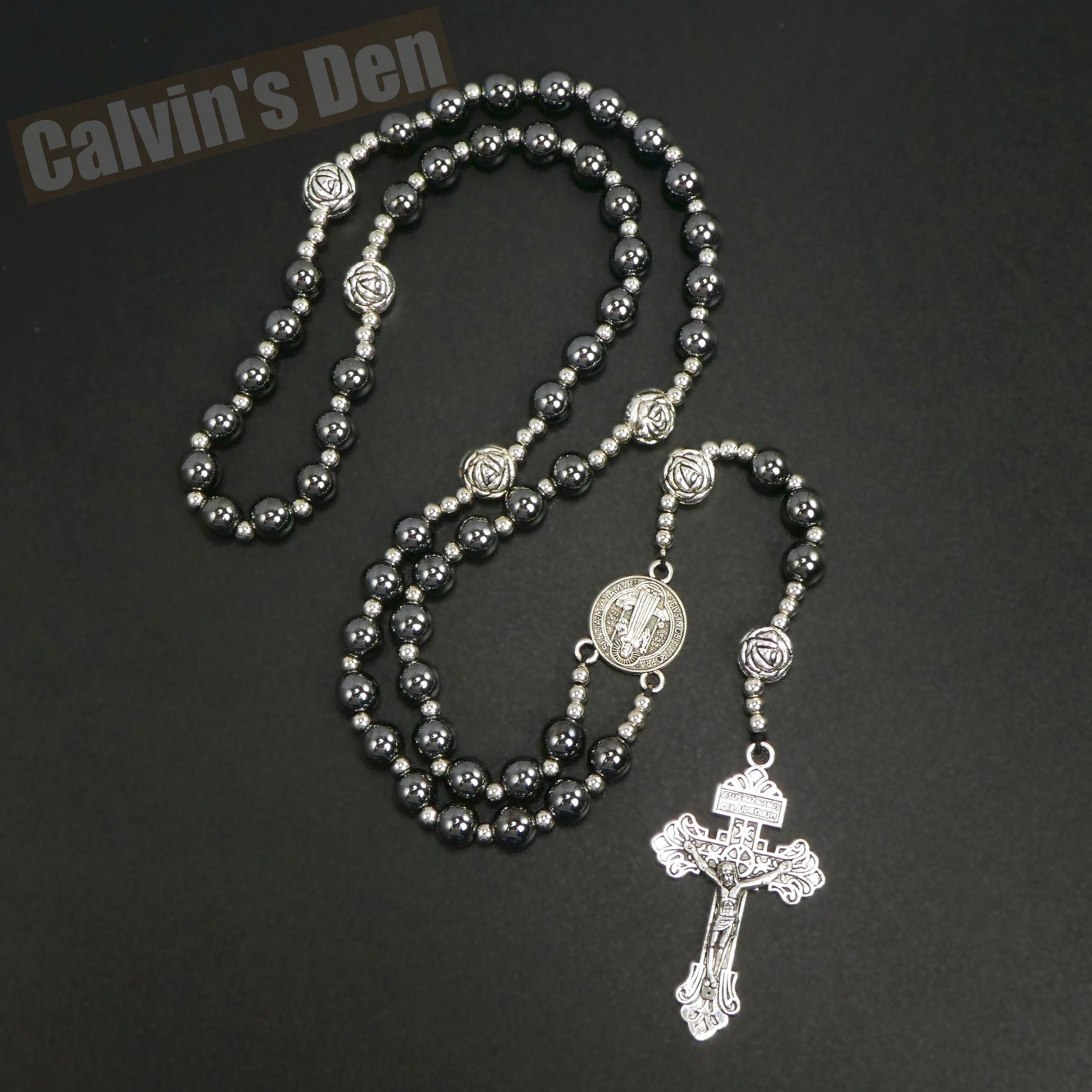 St Benedict Rosary Necklace Black Hematite Bead Five Decade Crucifix Cross Gift