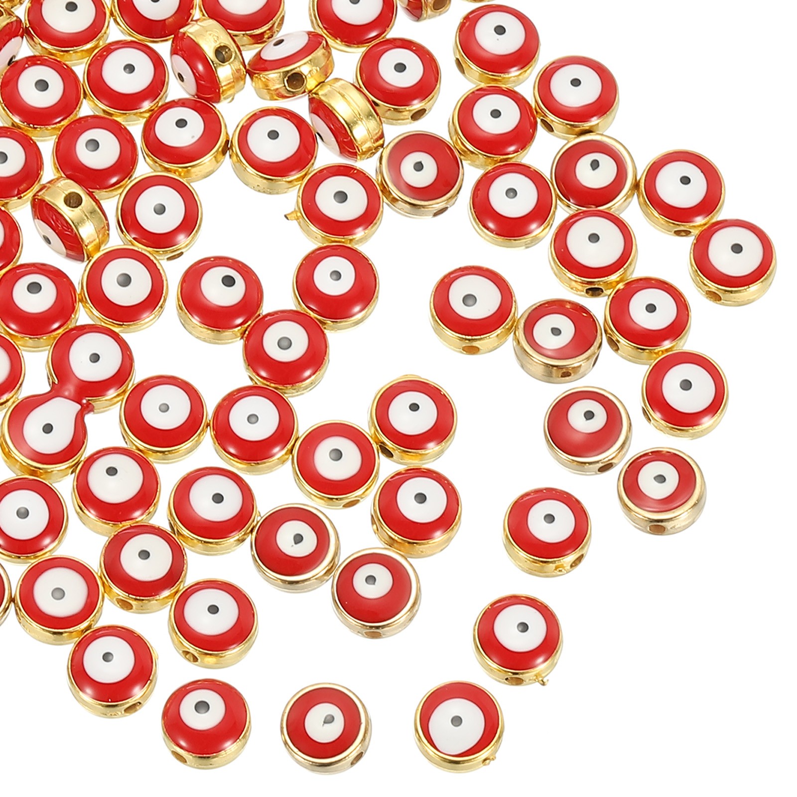 60 Pcs 8mm Flat Round Evil Eye Beads with Golden Edge, Red