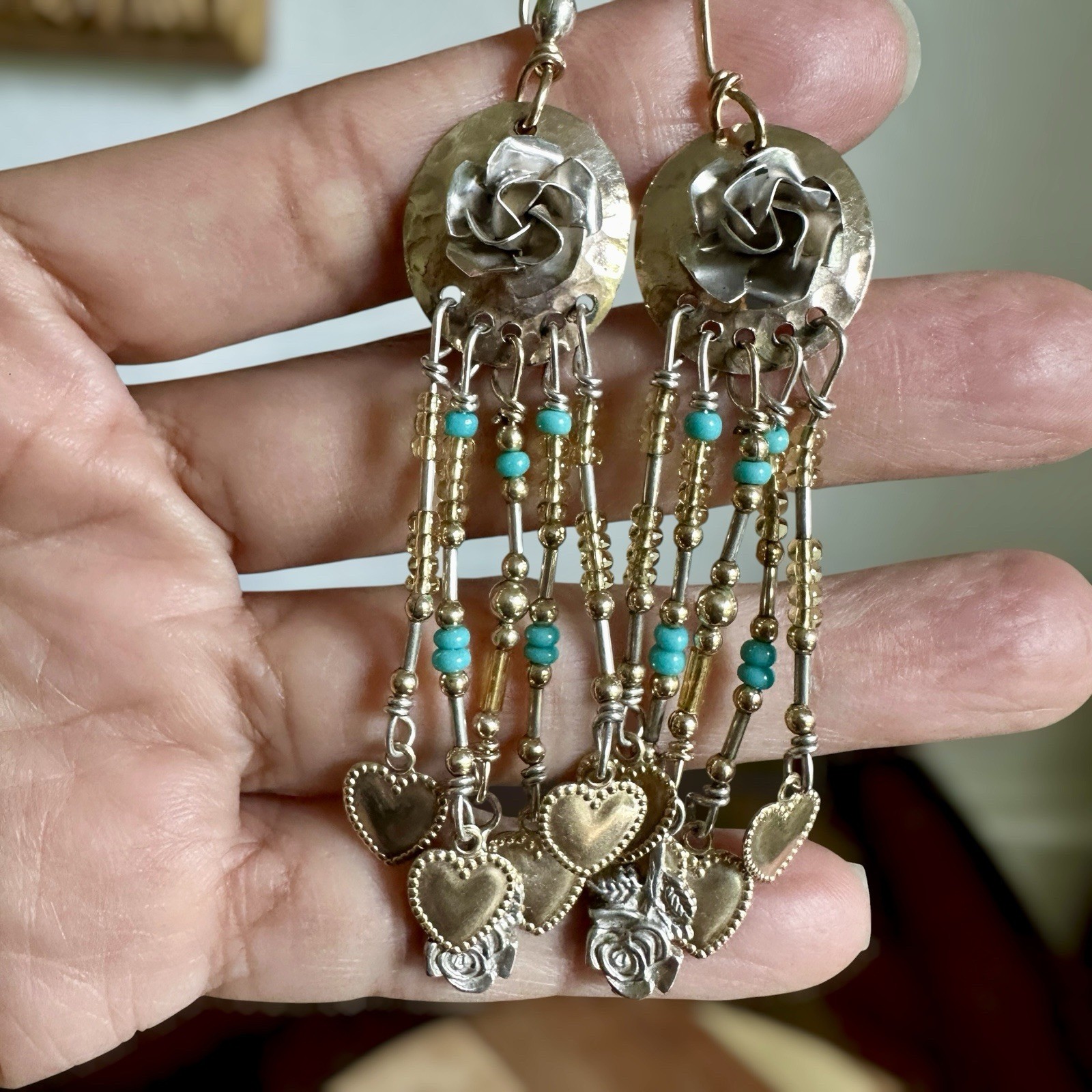 Artisan Western Hook Dangle Earrings 3 Inch Mixed Metals Beads Roses Hearts Love