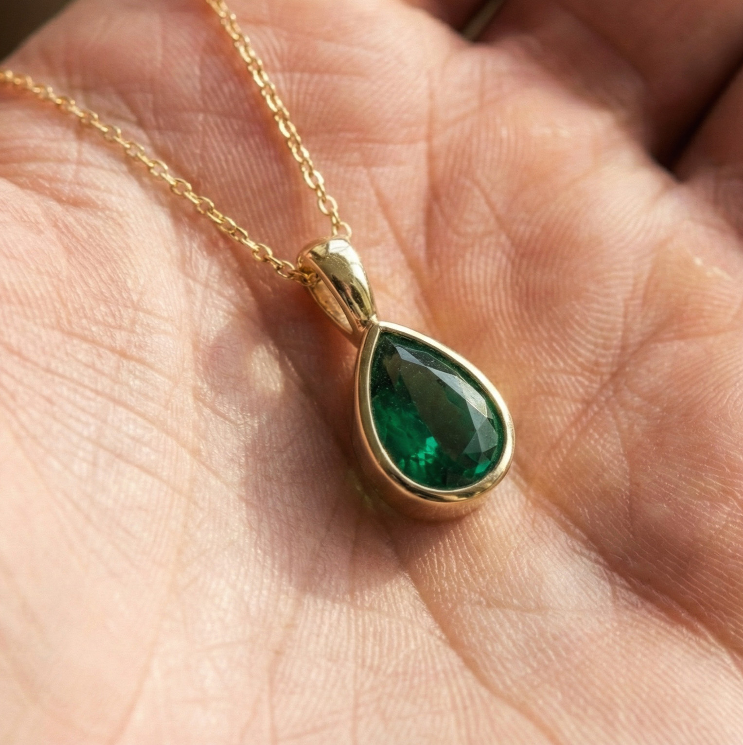 Pear Lab-Created Green Emerald Pendant Necklace, Gold Plated Handmade Pendant