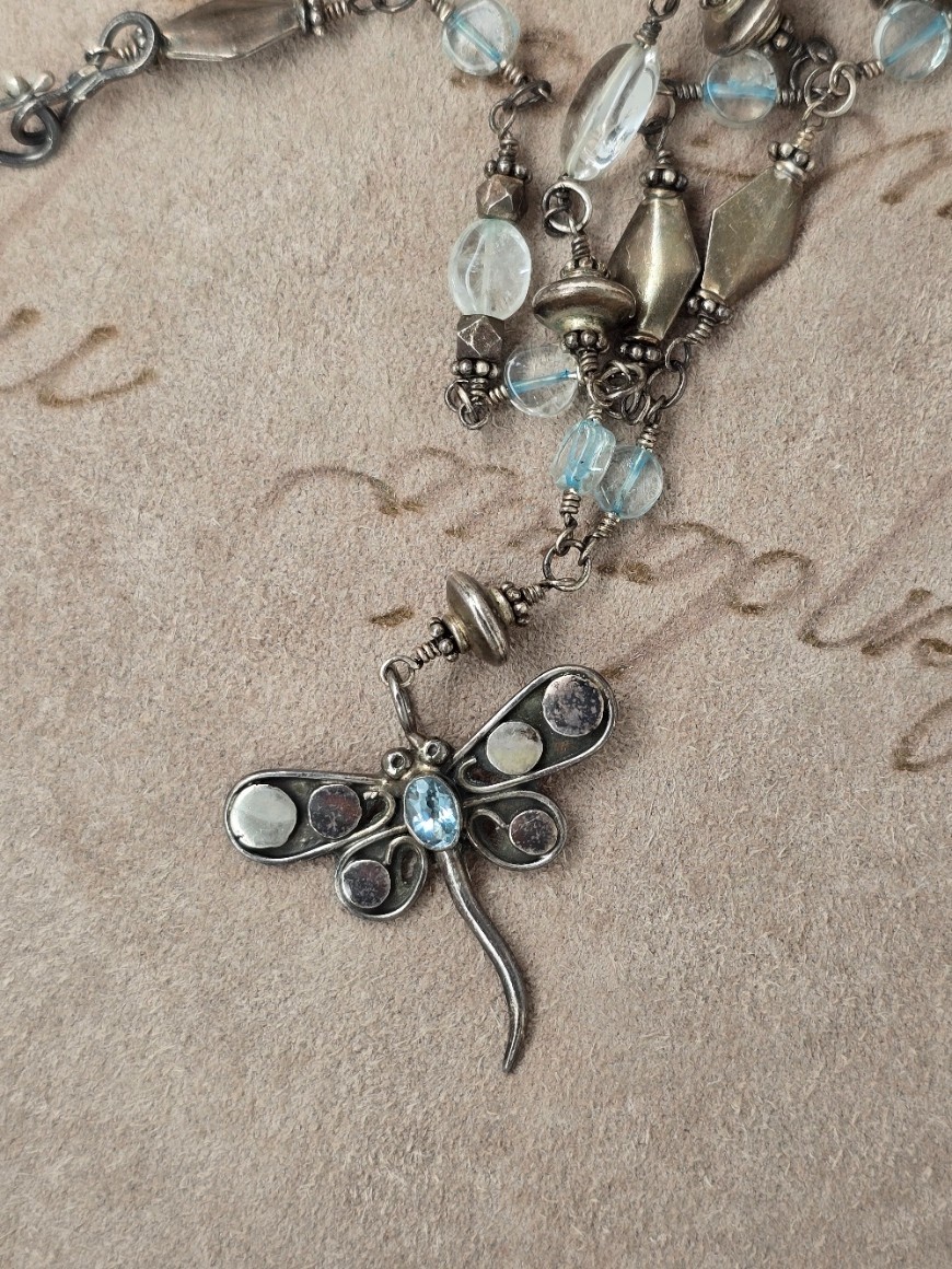 Vintage Artisan Sterling Silver Dragonfly Necklace Blue Topaz/Quartz 20.69g