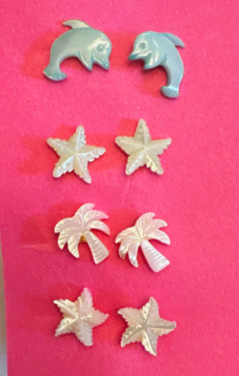 Beach Theme Silver Tone Stud Earrings Set of 4 Dolphin Starfish Palm Tree