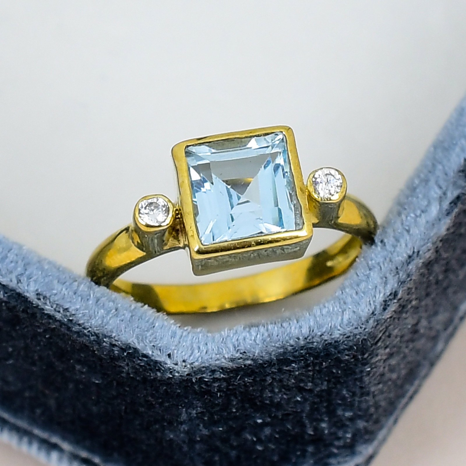 Blue Topaz Square Bezel 18K Gold Plated Ring Minimalist Gift for Her Jewelry
