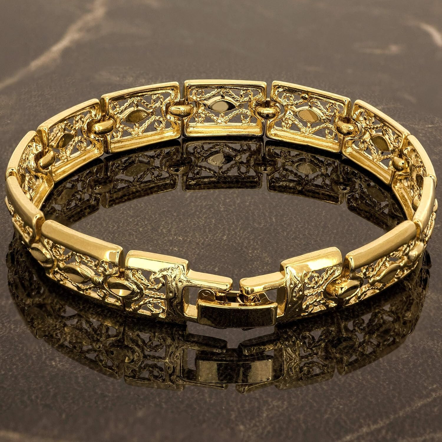 Italian Filigree Bracelet 24k GP 9mm 9.0in Link Handmade Artisan Diamond Cut New