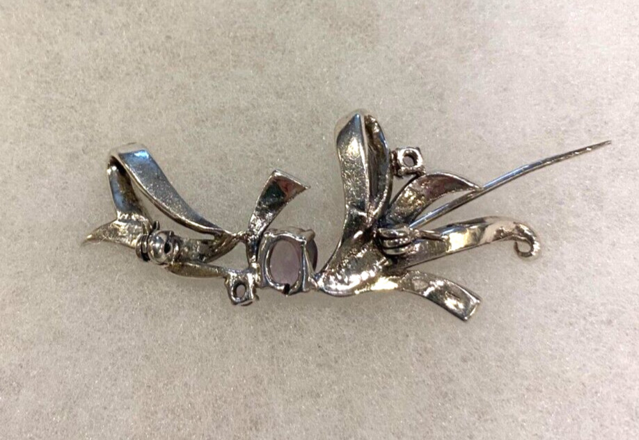 Sterling Marcasite and Amethyst Bow Pin Approx. 2 1/4 In. Wide – 9.0 Grams