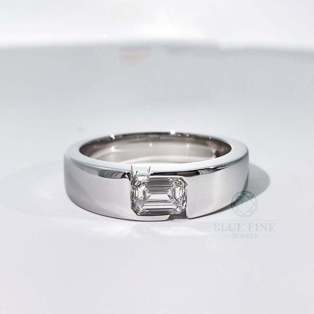 14K White Gold 0.55 ct Emerald Cut Bezel Set Moissanite Ring