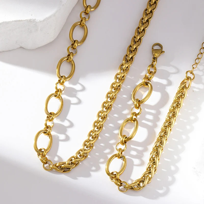 Luxury Gold Stainless Steel Link Necklace & Bracelet Set