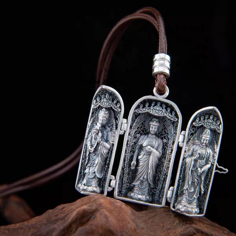 999 Fine Silver Filigree Western Three Saints Locket Openable Pendant 29-30g