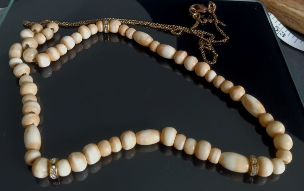 Natural Stone Necklace Bead Neutral Beige Cream Boho Long Rhinestone Spacer 34″
