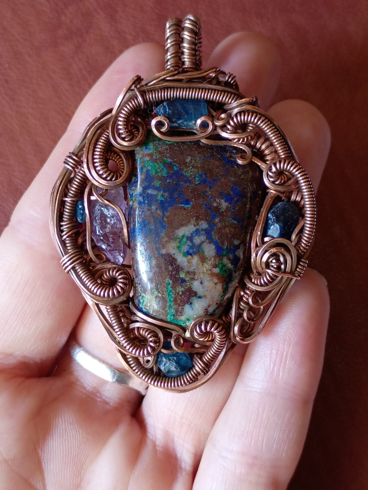 Azurite Malachite Appetite Amethyst Copper Wire wrap Pendant Statement Piece 2″