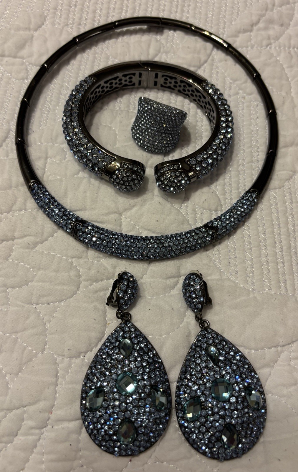 Stunning !Joan Boyce BLUE CLAMPER BRACELET NECKLACE, EARRINGS, Ring 8