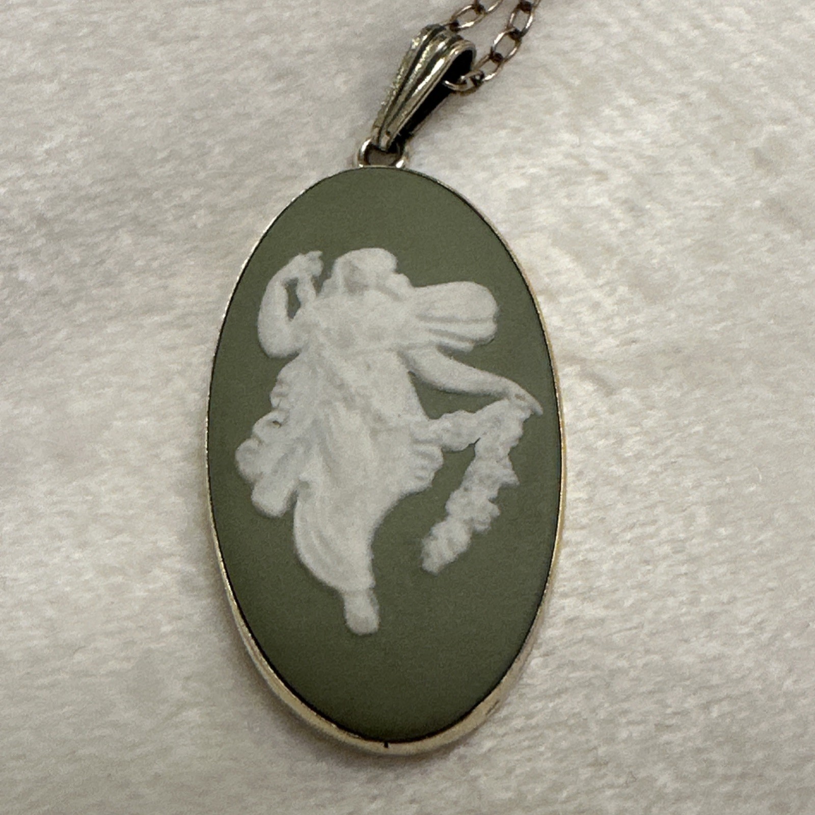 VINTAGE Sage Green JASPERWARE WEDGWOOD PENDANT NECKLACE “Winged Fairy”