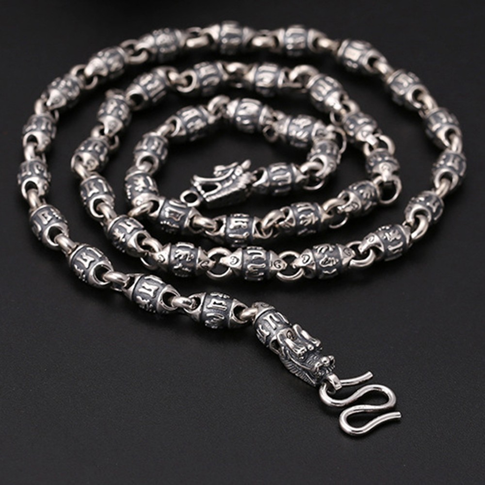 Solid 925 Sterling Silver Chain 6mm Dragon Beads Link Necklace 44-45g 21.6in