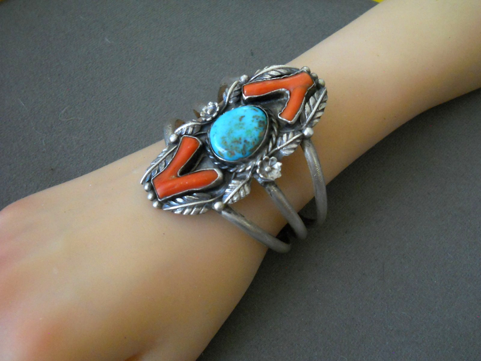 Native American Navajo Rich Blue Turquoise Branch Coral Sterling Silver Bracelet