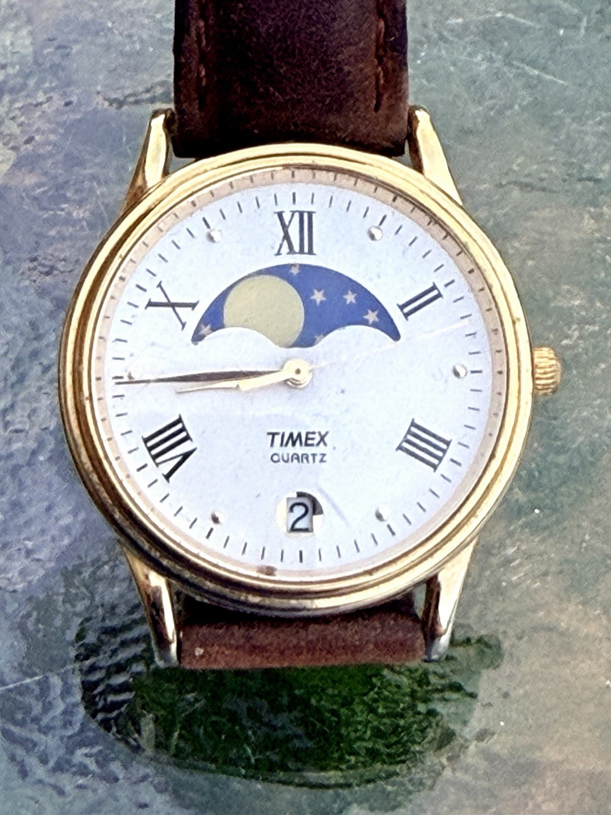 Vtg Timex Moon Phase Watch Unisex Gold Tone New Tan Leather Band, Needs Battery