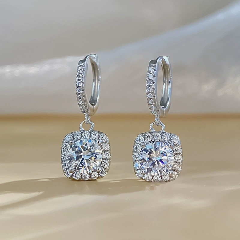 Shiny Elegant Huggie Drop Earrings with Cubic zirconia Inlaid Square Hanging