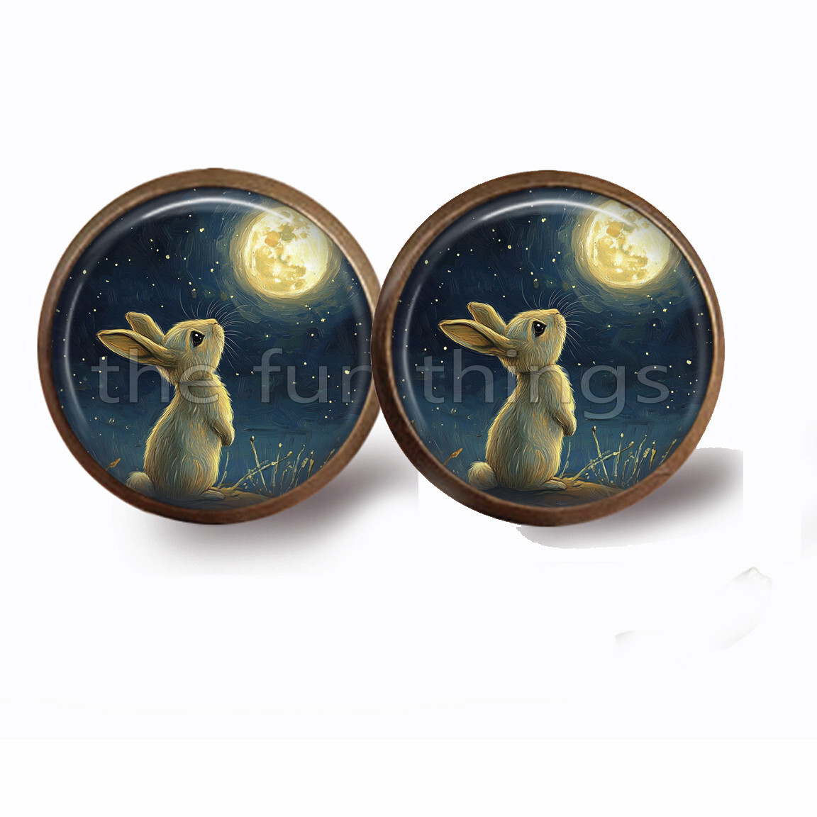 Wish Upon a Star Bunny Rabbit Stud Earrings Bronze Full Moon Starry Night Sky