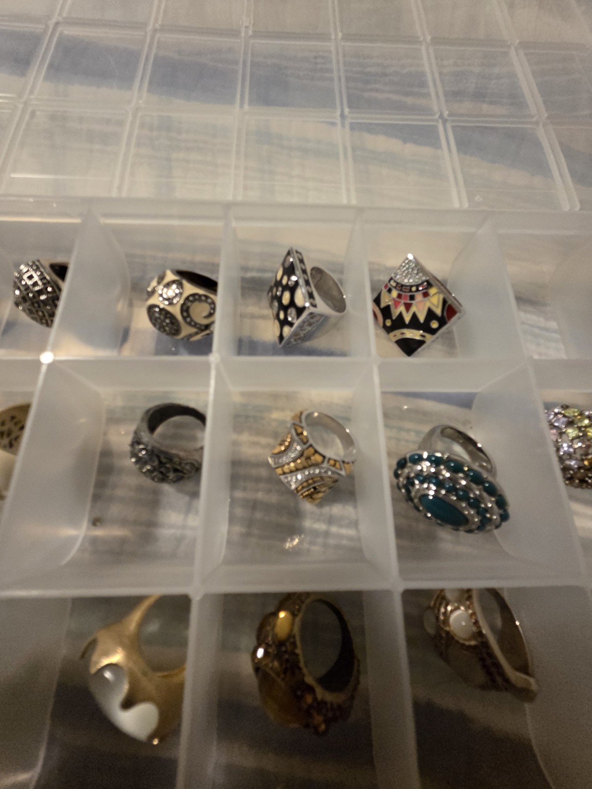 28 Pc Estate Costume Ring Lot Chunky Statement Chico’s Cannes 18K HGE w/ Tray