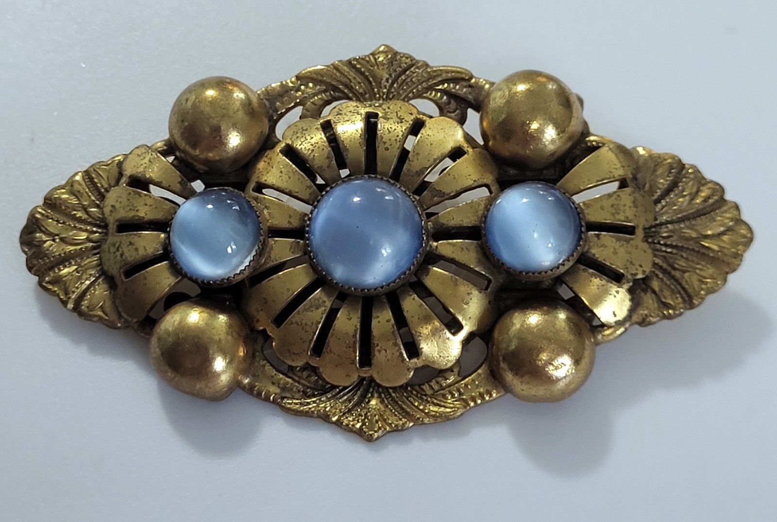 Antique Brooch Brass Three Blue Moonstone Layered 1920-1935 Art Deco