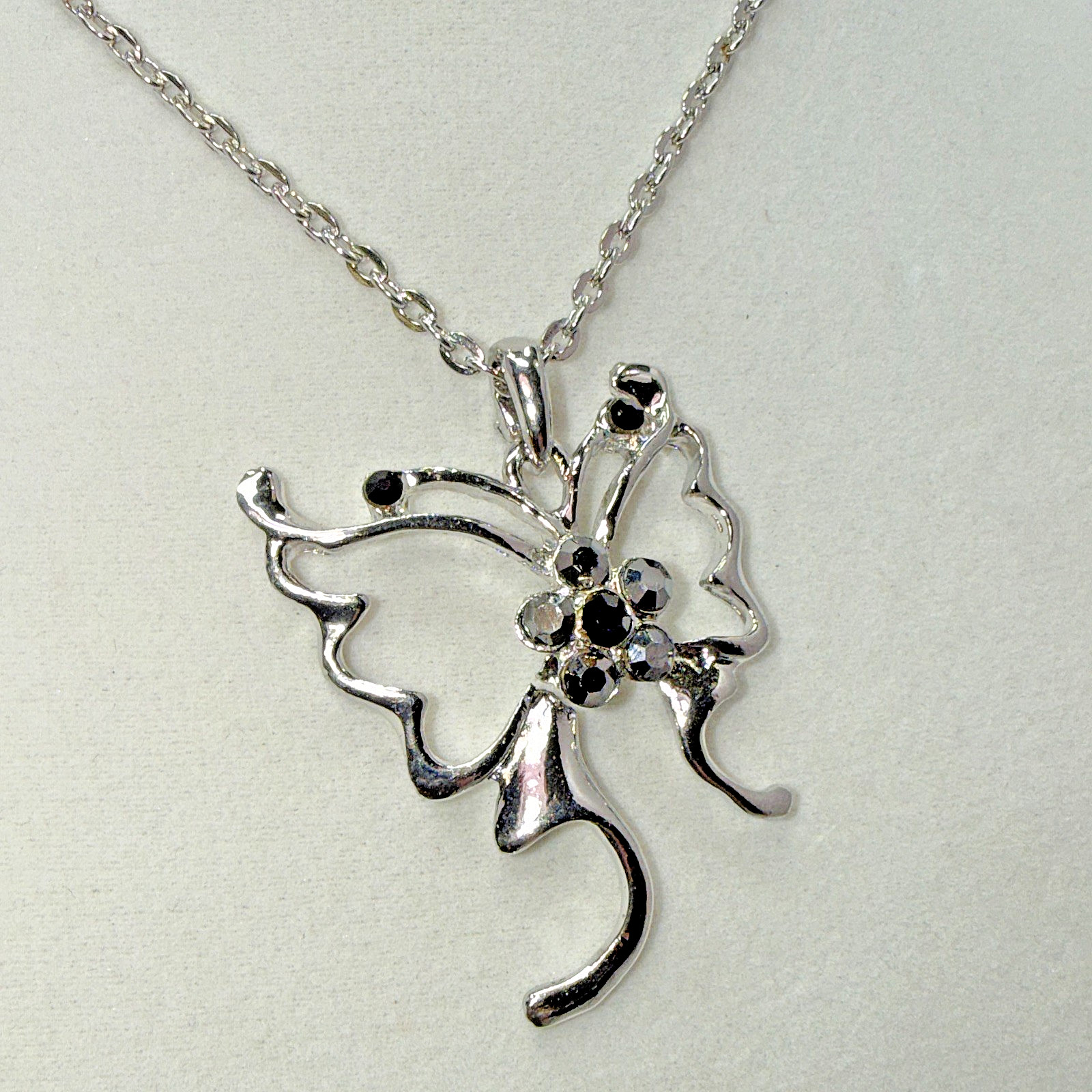 Silver Tone Openwork Ornate Butterfly Pendant Necklace Black Rhinestone Accent