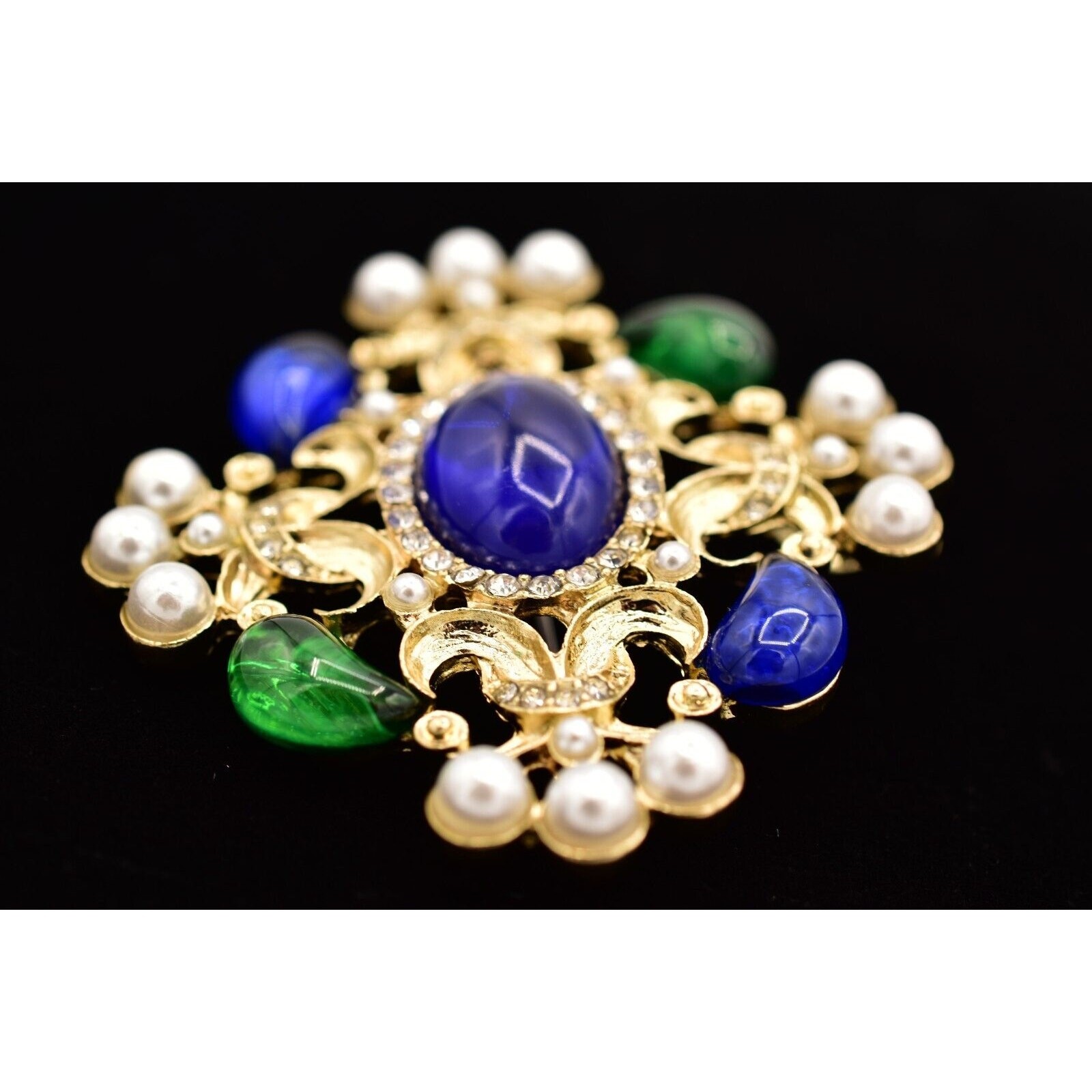 Vintage Cabochon Brooch Pin Faux Pearl White Blue Green Gold Chunky 1990s BinBG