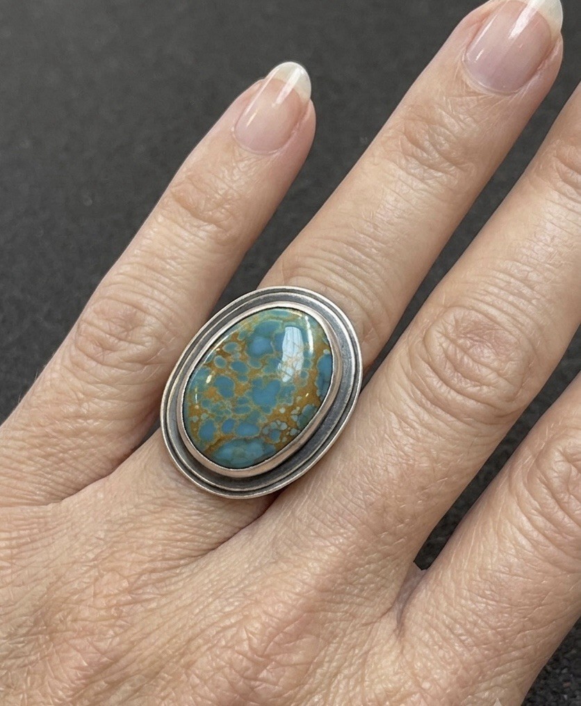 Handmade Sterling Silver & High-Grade Hubei Turquoise Ring – Signed “Gracie”