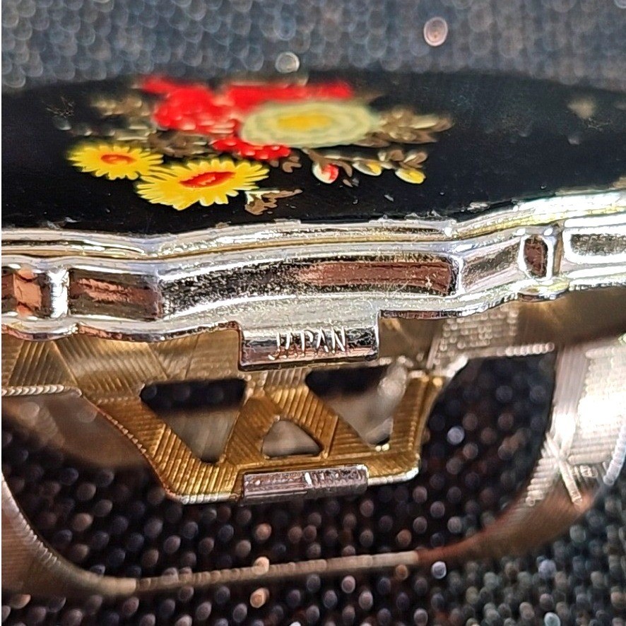 Vintage Lipstick Holder Flip Compact Mirror Handpainted Floral Gold Tone Black