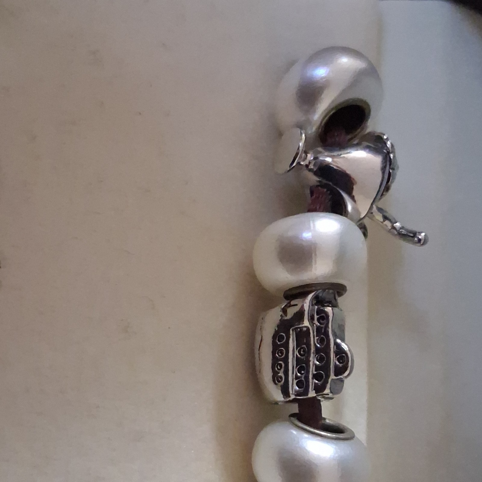 Bella Perlina Silver Tone Beaded Charm Bracelet w/ White Round Pearl Beads