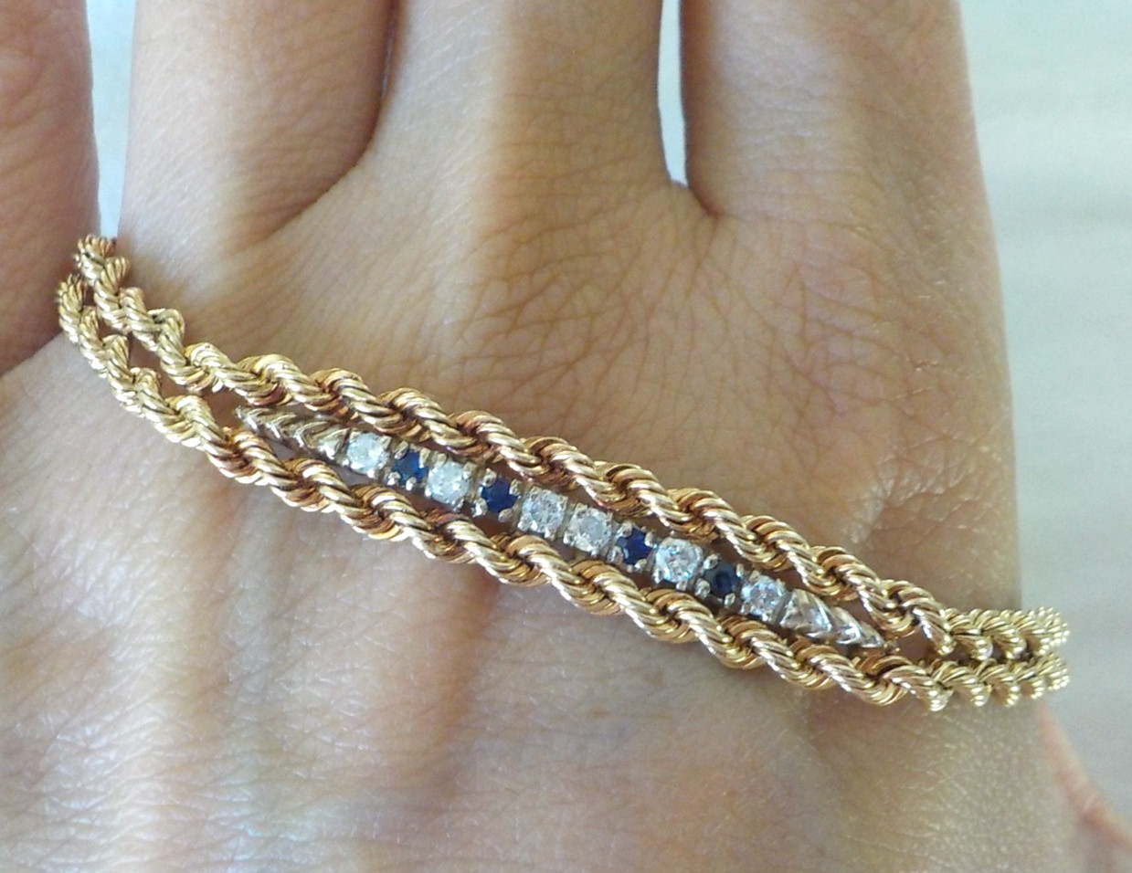 Solid 14K Yellow Gold Double Rope Sapphire Diamond Bracelet – 11.32 gms, 7.2 in