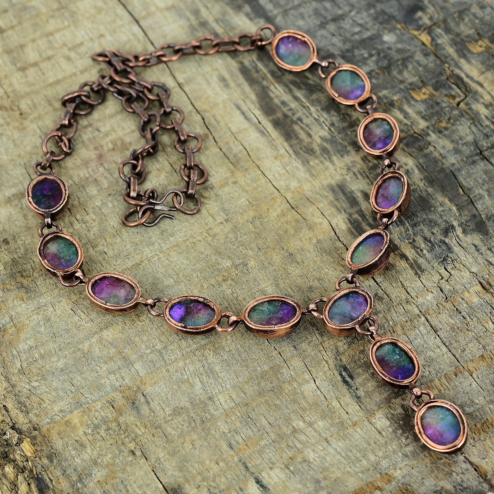 Natural Rainbow Solar Quartz Druzy Electroformed Chain Necklace Jewelry Copper