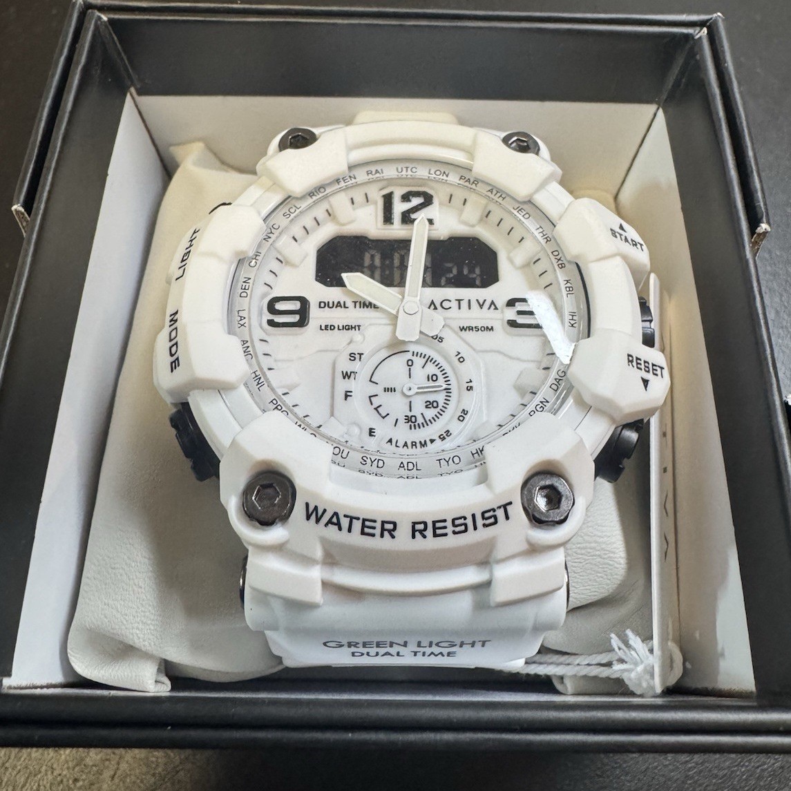 Activa Dual Time Sport Analog/Digital Quartz Watch White Resin WR50m Alarm