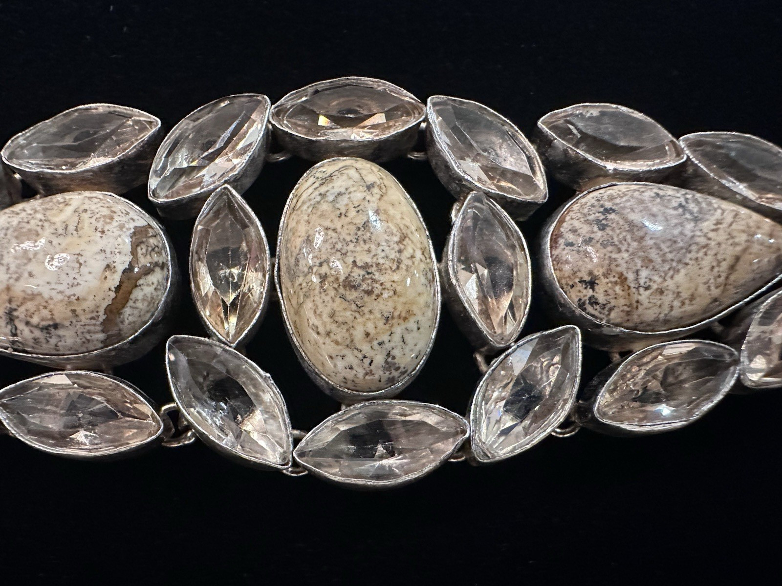 925 Sterling Silver 50g Dendritic Jasper & White Topaz Style Link Bracelet