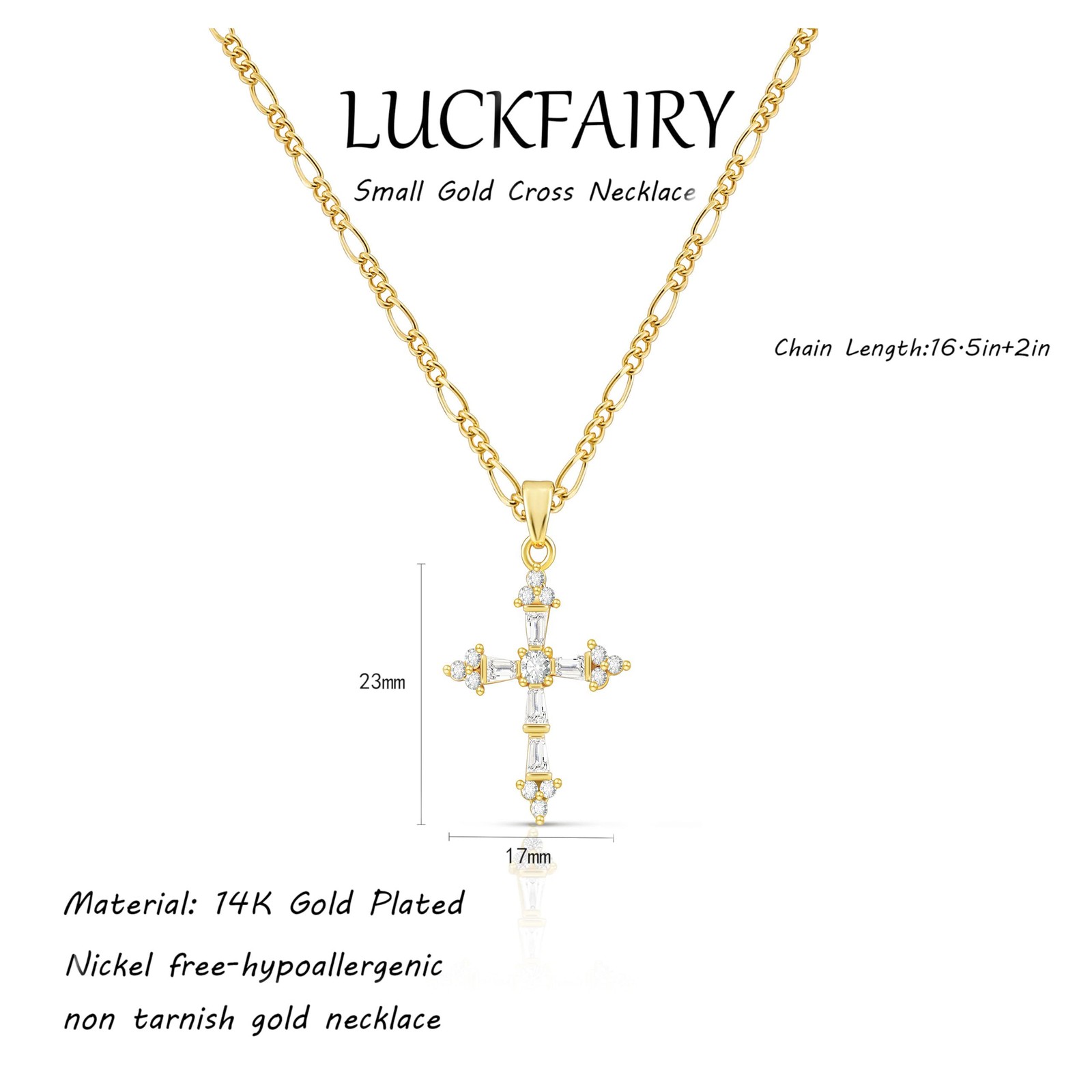 LuckFairy 14K Gold Plated Cross 16.5 inches to 18.5 inches, Gold-Figaro