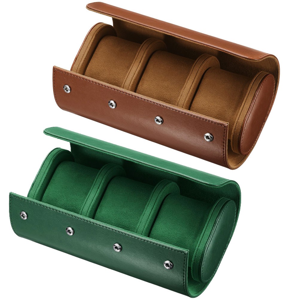 1/2pc Leather Watch Travel Case Men Women Holding 3 Slot Green Brown Storage