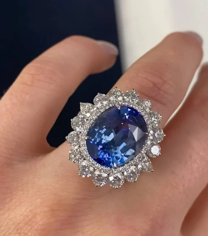 6.00 Ct Oval Natural Sapphire & Diamond Wedding Ring 14K White Gold Size 8