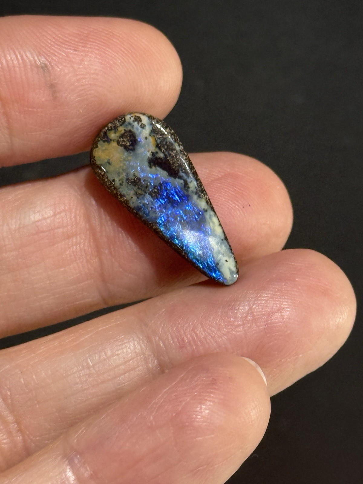 9.35ct 24x10x5mm Flashy Dark Blue Natural Boulder Australian Opal Drop Cabochon