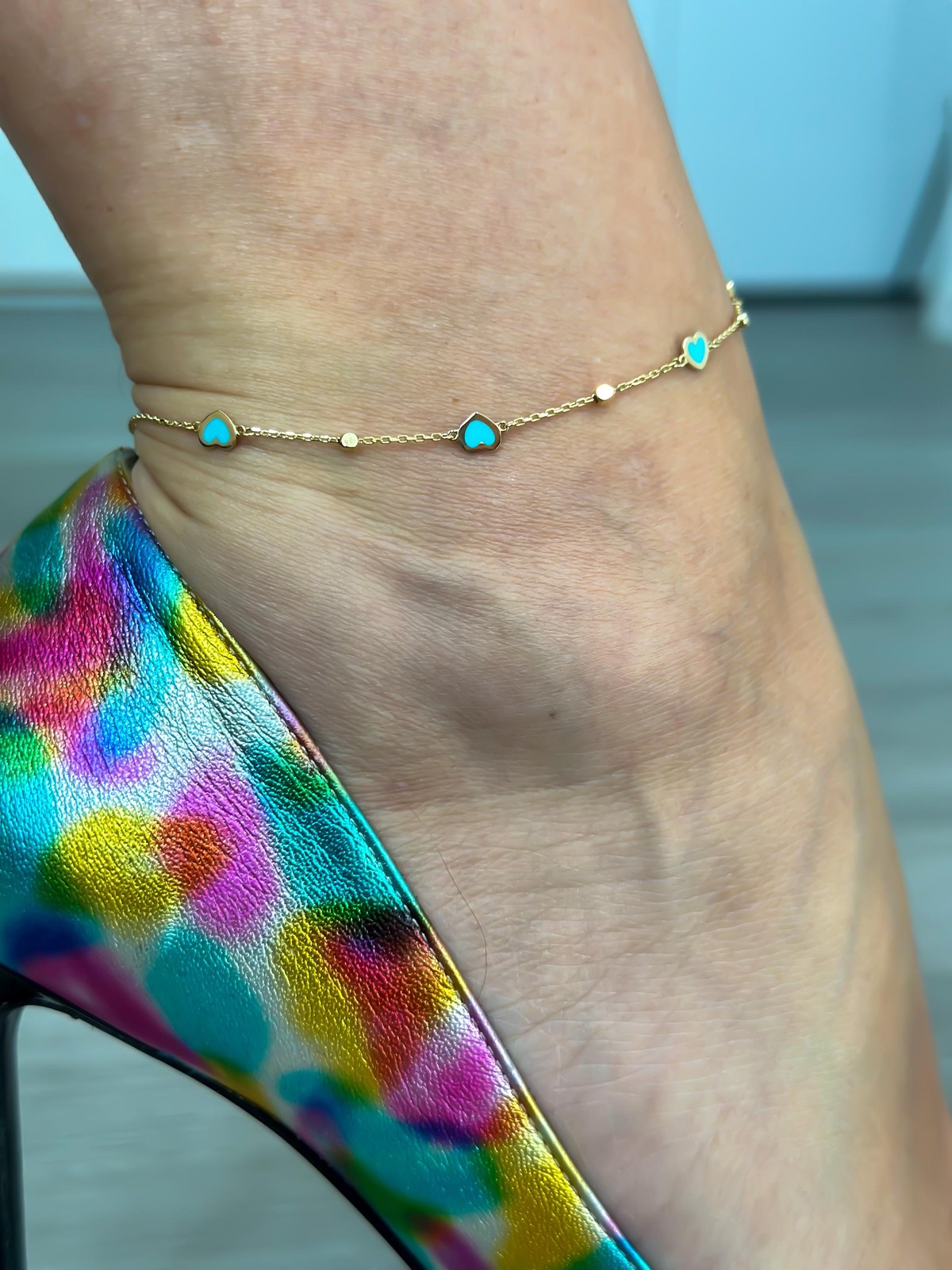 14k Solid Gold Heart Anklet 1mm Adjustable 9 to 10 inches, Romantic Gift for Her
