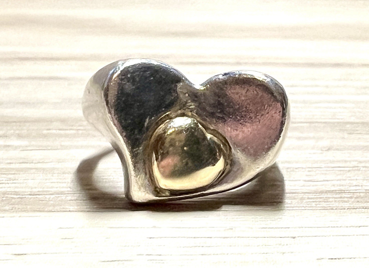 Designer Signed C^A Sterling Silver & 18k Gold Double Heart Ring, Size 6.5