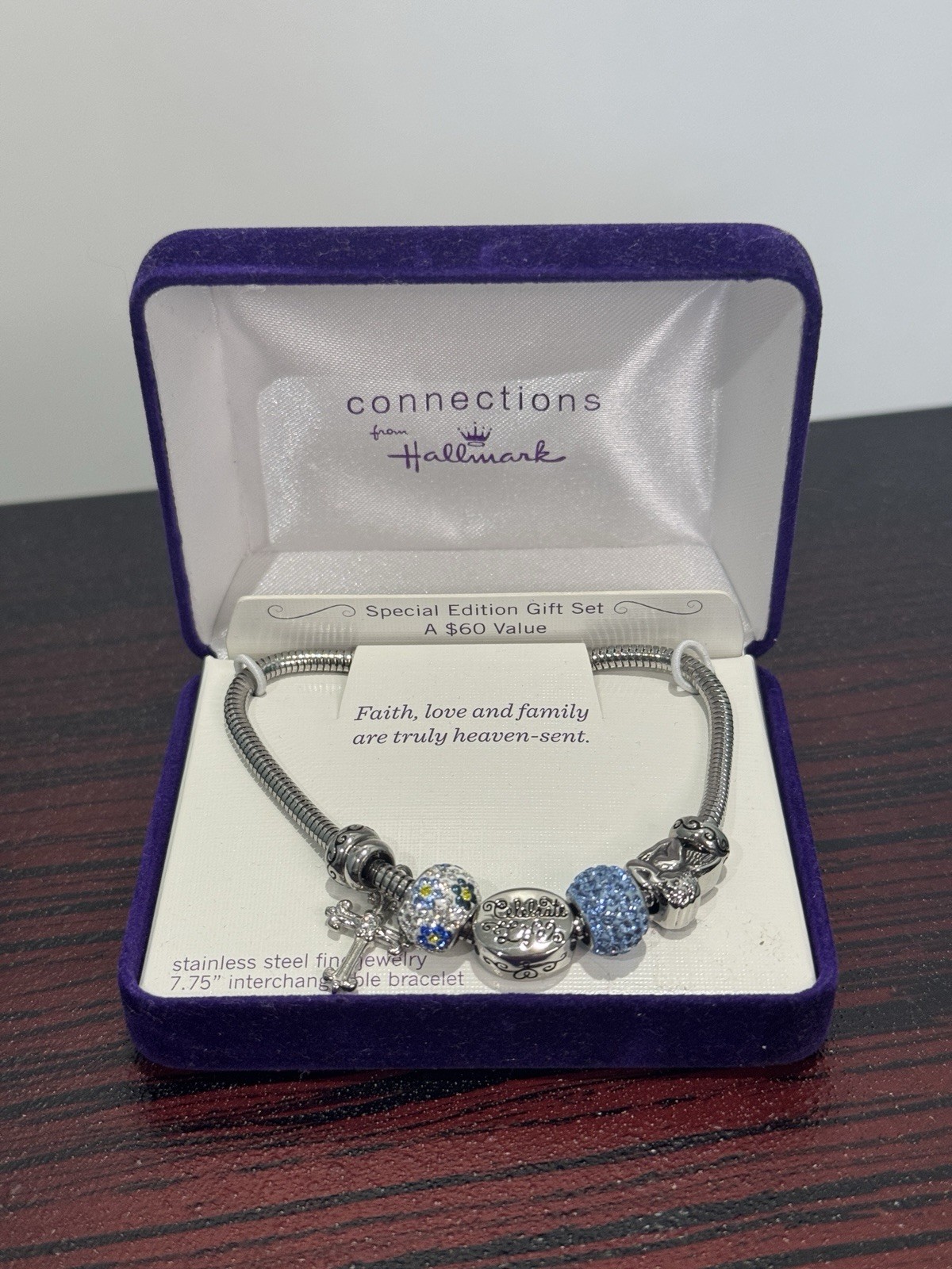 Connections From Hallmark Stainless Steel Charm Bracelet Snake Chain Blue