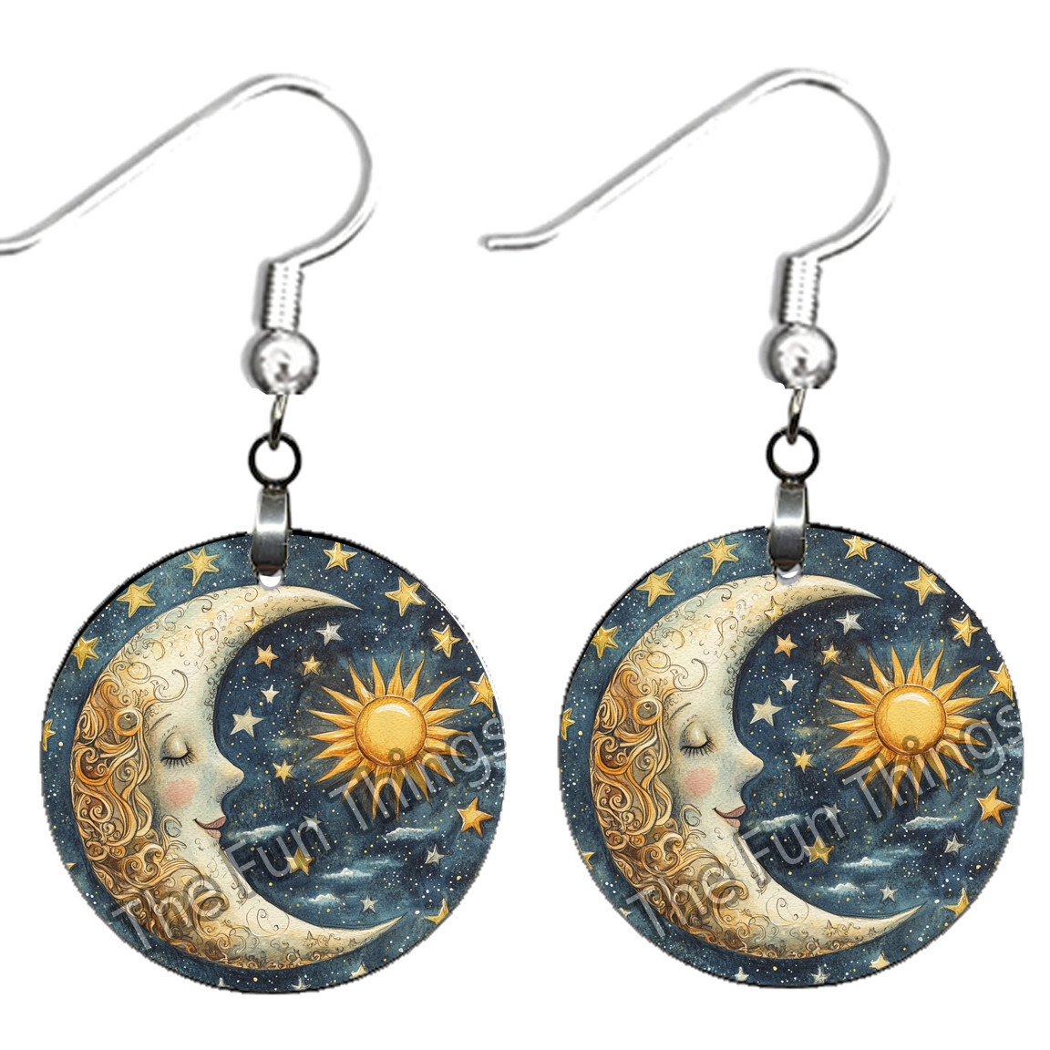 Starry Sky Sun & Crescent Moon Celestial Earrings NO TARNISHING Wood Dangle