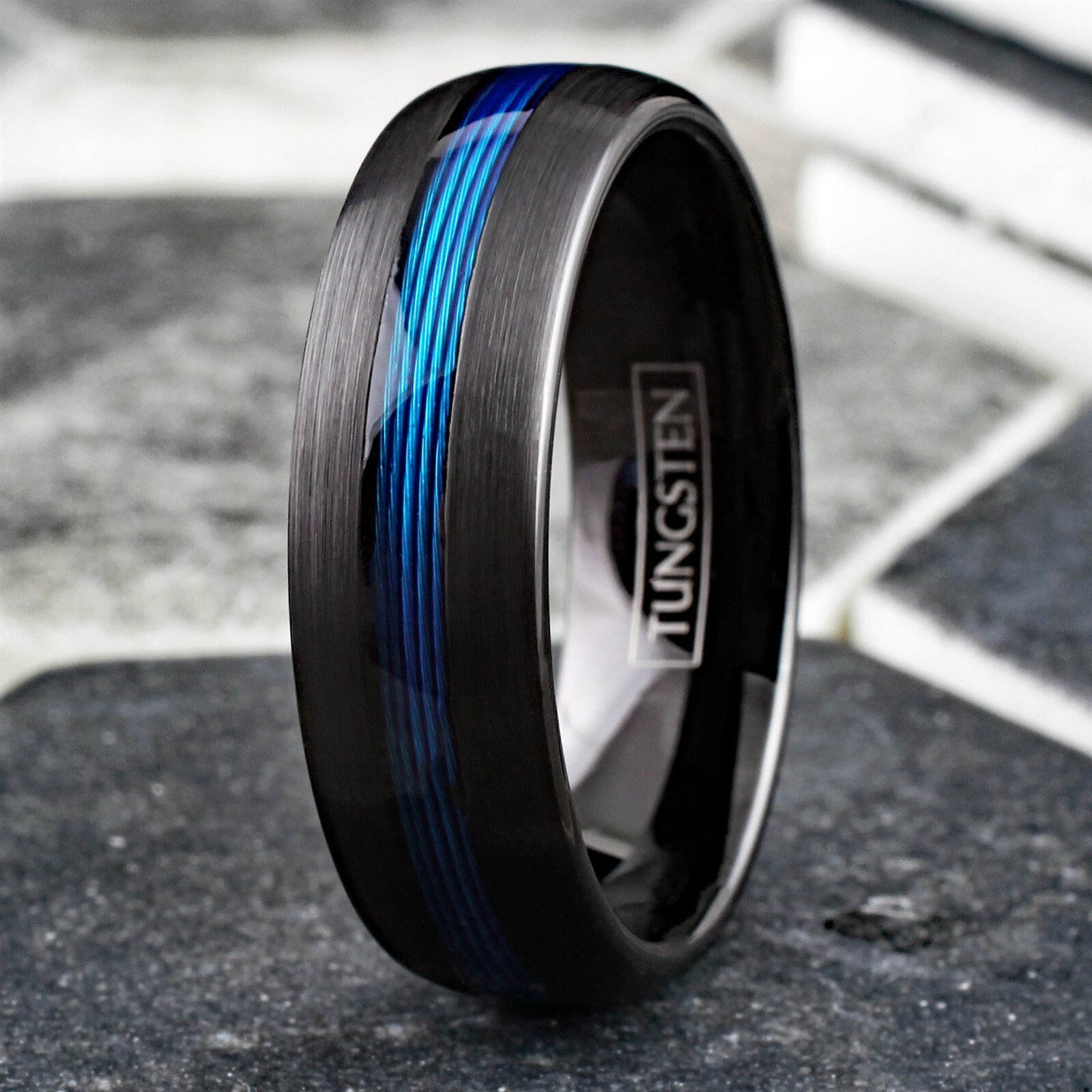 Tungsten Carbide Blue Fishing Line 7mm Brushed Band – Black or Rose Gold Plated